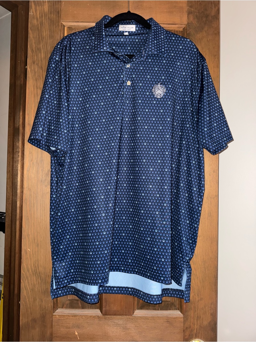 Peter Millar Blue Skull Patterned Mens Trump Bedminster Golf Shirt EUC